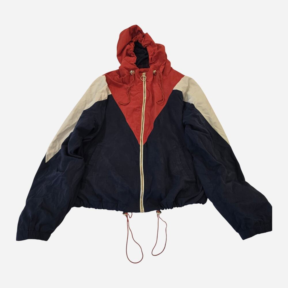 Forever 21 Blue Red Colorblock Full Zip Hooded Windbreaker Jacket Womens Large